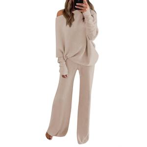 LaSuiveur Women's 2 Piece Outfits Sweater Set Long Sleeve Knit Pullover Wide Leg Pants Sweatsuit Lounge Set (Large, Apricot)
