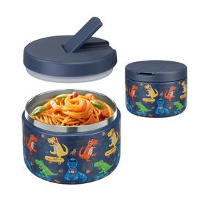12oz Insulated Vacuum Food Jar with Buckle Lid Wide Mouth Soup Thermo for Hot Food Kids Leakproof Stainless Steel Lunch Container (Blue-Dinosaur)