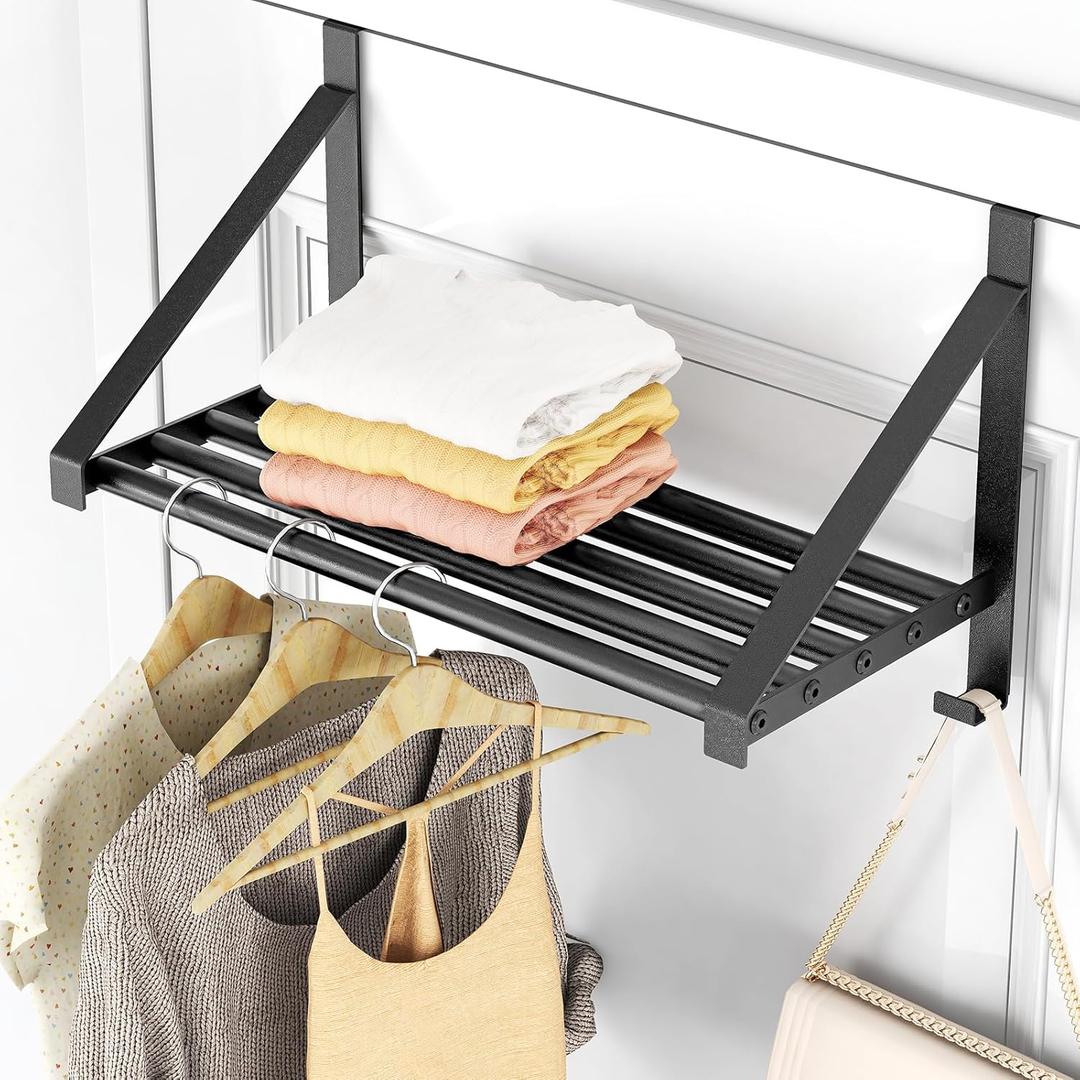 Over The Door Clothes Hanger with 2 Hooks, Stainless Steel Over The Door Hangers for Clothes with Storage Rack, Clothing Hanger Drying Racks for Laundry, Washroom, Fits Door Up to 1.77", Matte Black