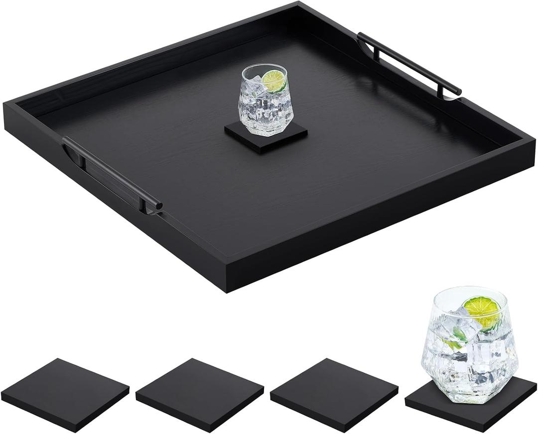 24'' Large Square Wood Ottoman Tray, Black, Classic