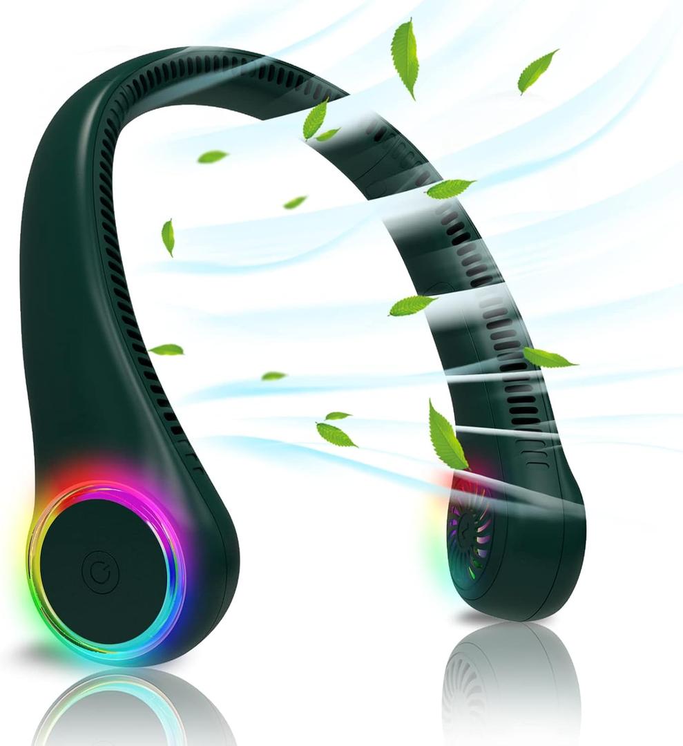 Bladeless Portable Neck Fan - Rechargeable Hands Free USB Personal Fan Battery Operated with LED lights for Home Office Travel Indoor Outdoor (Dark Green)