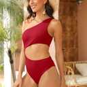 Women's One Piece Ribbed Swimsuit One Shoulder Cutout Swimwear Sexy Bathing Suit (Red, M)