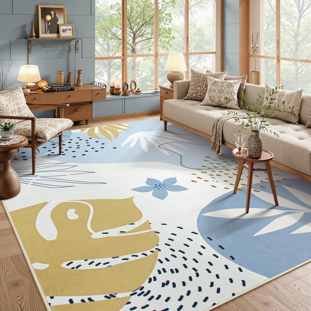 Lahome 8x10 Area Rugs for Living Room - Non-Slip Washable Ultra-Thin Soft Bedroom Rug 8x10 Under Bed, Boho Botanical Print Carpet for Dining Room Office Nursery, Blue