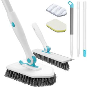 nacena Shower Scrubber with Long Handle, 4 in 1 Tile Tub Scrubber Brush with 3 Detachable Cleaning Heads and V-Shaped Grout Brush Shower Cleaner Brush for Bathroom Kitchen Toilet Tub Sink, Blue White