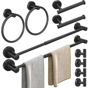 10pcs Matte Black Bathroom Hardware Set, Including 2pcs 24in Retractable Hand Single Towel Bar with 2pcs Toilet Paper Holders, 2pcs Towel Rings 4pcs Multifunctional Robe Hooks