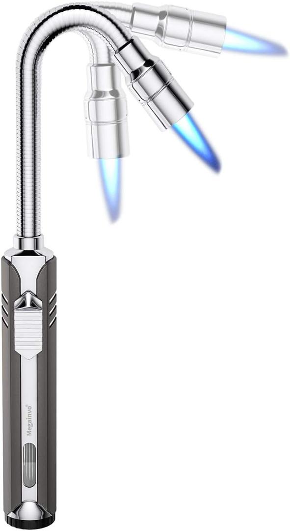 Butane Lighter Torch Long Lighter Refillable Adjustable Jet Flame Lighter Windproof Flexible with Visual Fuel Window Blow Torch for Stove BBQ Grill Fireplace Camping Kitchen (No Gas Include) - Grey (Gray)