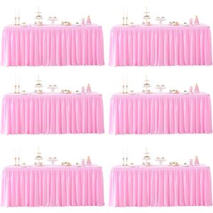 6 Packs Pink Tableclothes for 6 Foot Rectangle Tables, Wrinkle Free Fitted Table Cloth 6ft Stretch Table Cover with Skirt for Parties Weddings Birthday Banquet Baby Shower