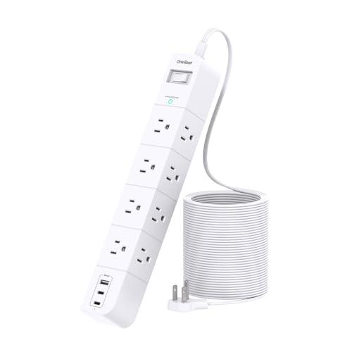 One Beat Extension Cord 15 ft, Surge Protector Power Strip with 8 Widely AC Outlets 3 USB (2 USBC), Flat Plug Power Strip, Desktop Charging Station with Overload Protection for Home, Office, Dorm, ETL Listed
