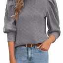PRETTYGARDEN Womens Puff 3/ 4 Sleeve Tops 2025 Trendy Spring Summer Mock Neck Texture Knit T Shirts Work Casual Dressy Blouses (Grey, S)