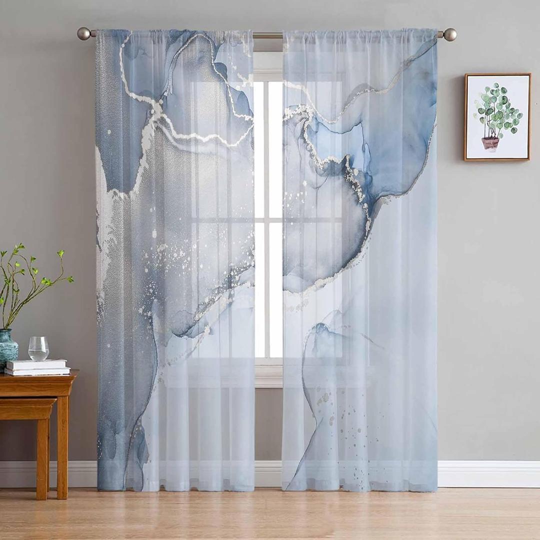 Blue Marble Sheer Curtains 84 Inch Length 2 Panels Set for Living Room/Bedroom, Blue Grey Stripes Marble Texture Nature Tone Semi Curtain Sheers Drapes Rod Pocket Curtains Window Treatment Set