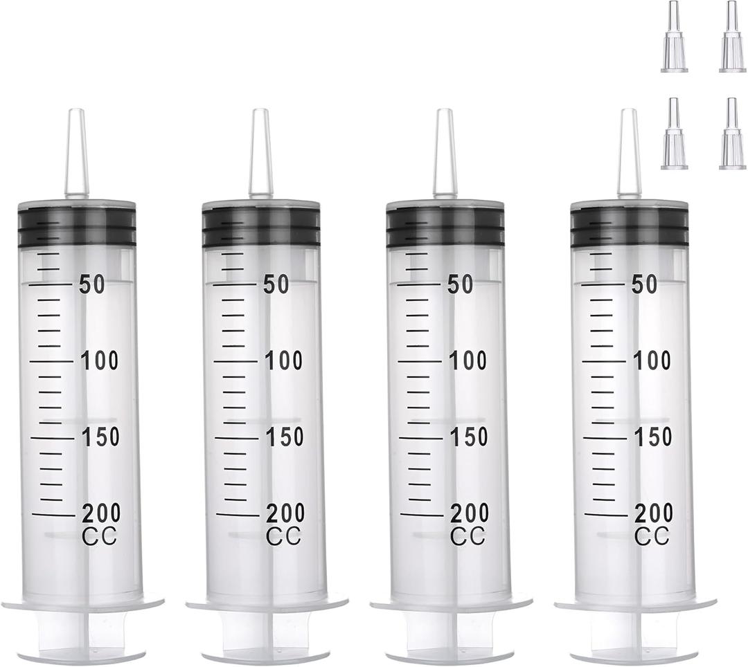 4 Pack 200mL Syringes with Tip Adapter, Large Plastic Garden Syringe for Liquid, Scientific Labs, Pet Feeding, Irrigation,Oil or Glue Application