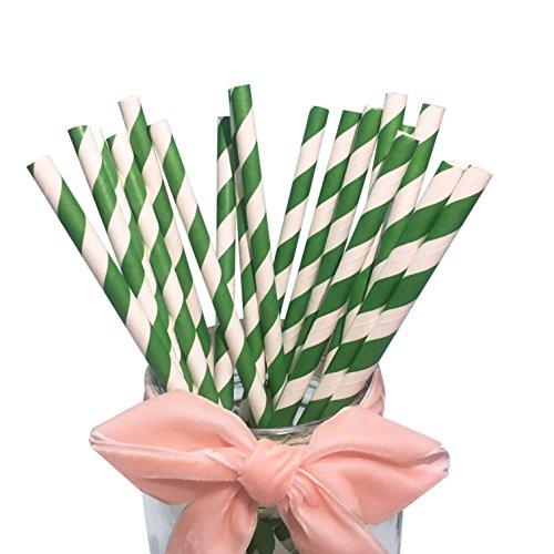 Green Striped Paper Straws Bulk - Disposable Green and White Drinking Straws Biodegradable Paper Pop Cake Sticks for Craft (100 Pack)