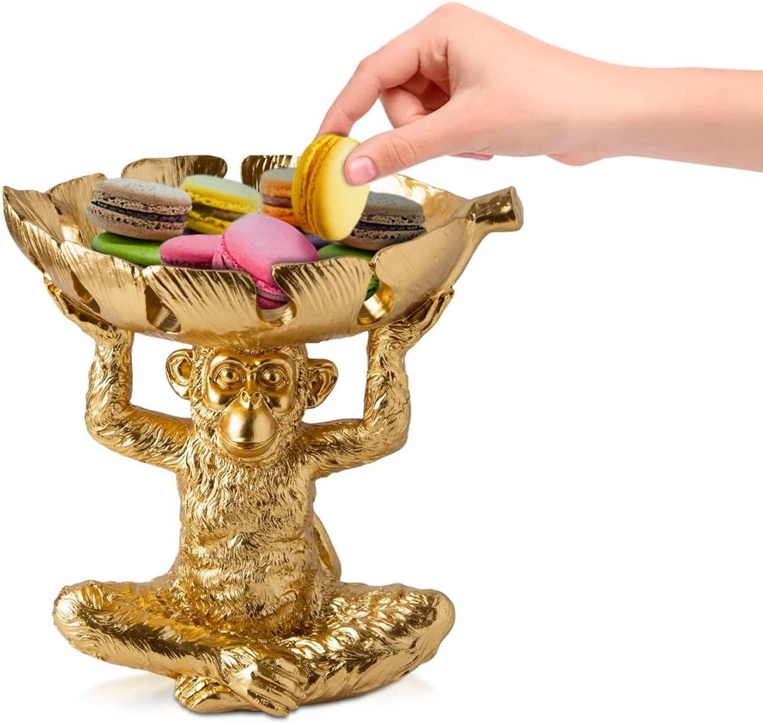 Adorable Monkey Decorative Bowl  Detailed Resin Sculpture w/Split Leaf Dish for Snacks, Nuts, Candies & More  Modern Decor Golden Finish for Keys or Jewelry