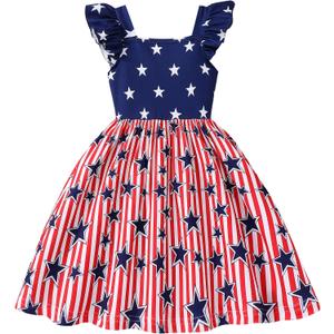 CM-Kid Little Girls 4th of July Dress Kids Independence Day Dresses American Flag Sundress Summer Patriotic Outfit Clothes (Blue)