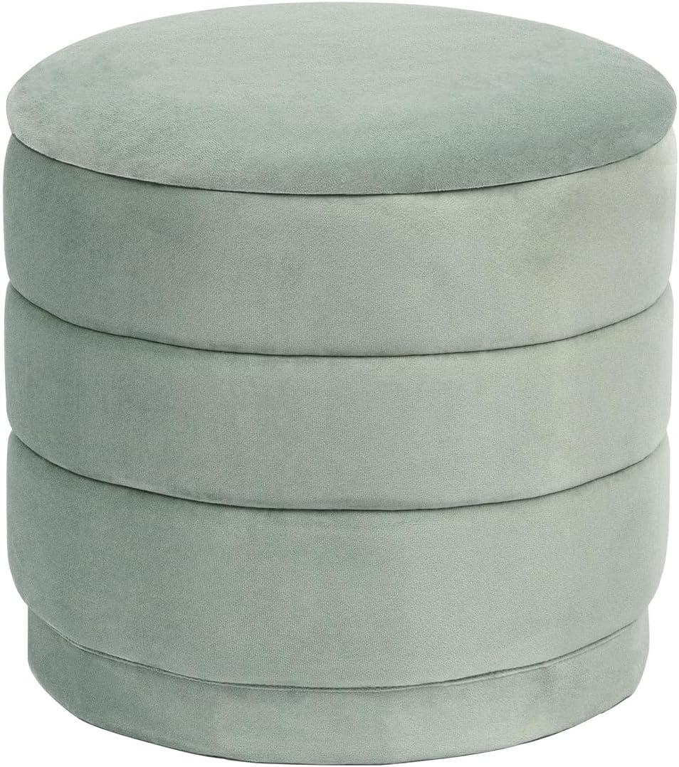 CAIPINFUL 15" Round Velvet Storage Ottoman with Tray, Sage, 15.4"D x 15.4"W x 14.6"H