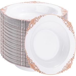 100PCS Rose Gold Plastic Bowls - 12 oz Disposable Salad Bowls - Heavy Duty Disposable Soup Bowl - Fancy Plastic Ice Cream Bowl for Weddings Parties Catering Picnics