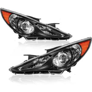 Headlights Assembly Replacement Compatible with 2011-2014 Hyundai Sonata Halogen with Clear Lens Black Housing Amber Reflector Front Lamps Driver and Passenger Side (Set of 2)