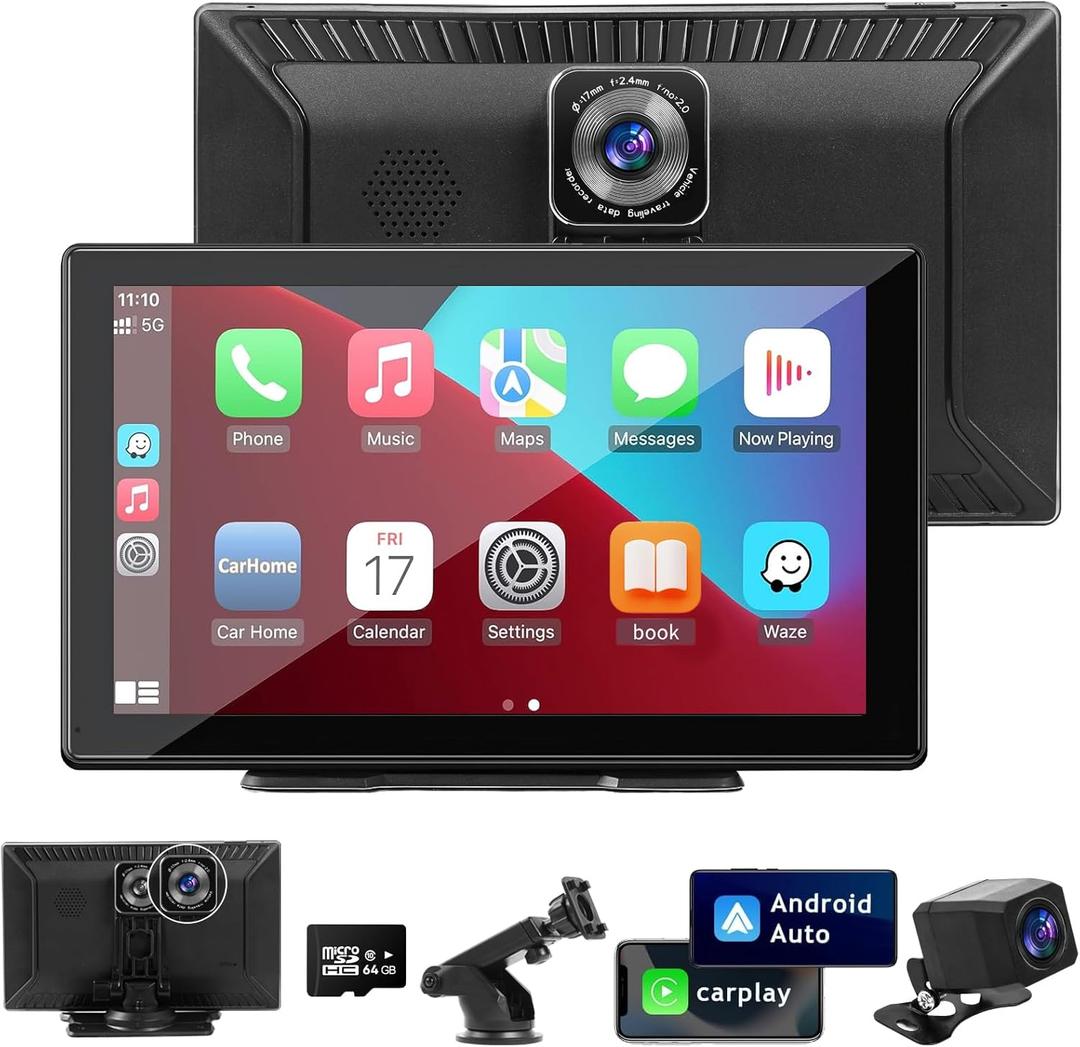 9.3" Carplay Screen for Car with Backup Camera, 2.5K Wireless Display, Android Auto Compatible, Portable Dash Cam, Touch Monitor, GPS Navigation, Bluetooth FM Transmitter, Universal Mount, Gifts