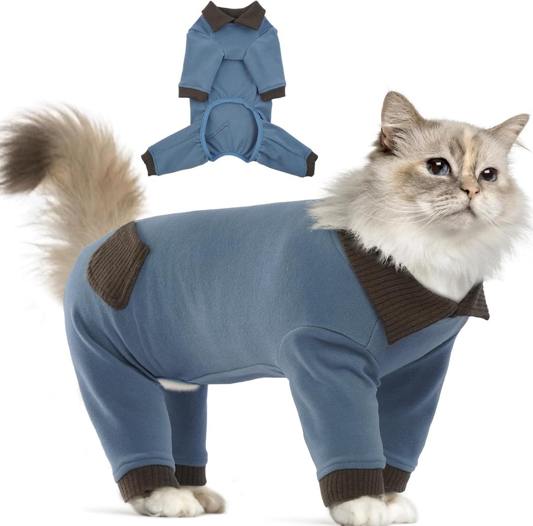 T'CHAQUE Sticky Hair Cat Clothes, Professional Recovery Suit for Cats, Anti-Shedding Shirt Outfit, Soft Pajamas for Kittens, Post-Surgery Onesie for Male & Female Cats, Fuchsia, Medium (Blue)