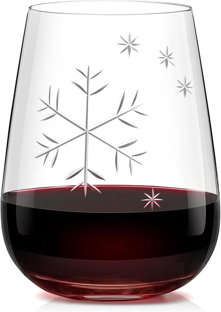 Stemless Red Wine Glasses - Hand-Blown Lead-Free Snowflake Crystal Wine Glasses 16 Oz - Hand Carving Snowflake Wine Glasses - Valentine Gift Ideas Perfect for Girlfriend, Wife and Lover