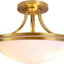 Bektas Semi Flush Mount Ceiling Light Fixture, 16inch Brushed Gold Traditional Light Fixture with Milk Glass for Bedroom, Kitchen, Bathroom, Hallway, Foyer, Living Room, Dinning Room (3-Lights)