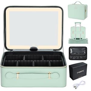 Leather Makeup Case with LED Lighted Mirror 11.4 Inch Travel Makeup Bag Adjustable Brightness in 3 Colors Cosmetic Organizer Artist Storage Bag with Dividers Brush Holder Storage Vanity Watery Blue V