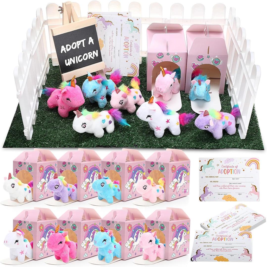 84 Pcs Adopt a Pet Party Supplies 24 Mini Animals 10 White Plastic Fence 24 Paper Gift Boxes 24 Adoption Cards with Mini Chalkboard and Artificial Lawn(Unicorn)