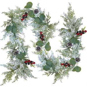 Winlyn 6' Christmas Artificial Snowy Cedar Garland With Pine Cones, Red Berries - Frosted Pine Winter Greenery for Wedding Table Runner, Centerpiece, Mantel, Holiday Home Decor