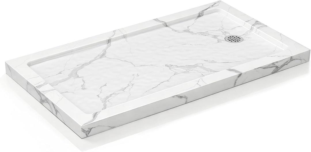 KPUY Shower Base, 60'' L X 30'' W Shower Pan with Reversible Installation Drain, Slip Resistant Design & NonIntegrated Flange, Carrara White
