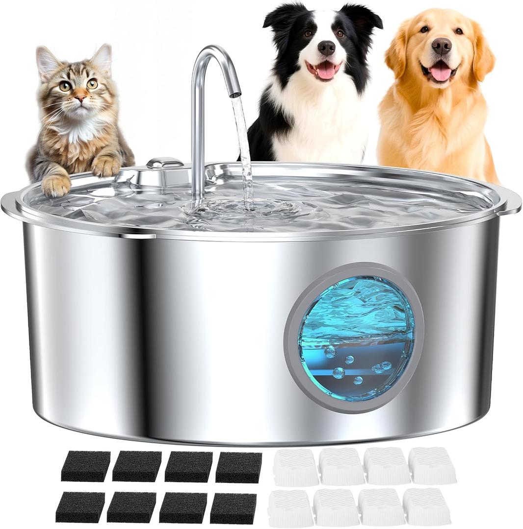 Large Dog Fountain Water Bowl: Sliver Big Cat Water Fountain Stainless Steel - 3.2Gal/406oz/12L Noiseless Giant Dog Fountains -GROOKPET Pet Suppiles for Multi-Pet Home - Contain 8 Filters + 8 Sponges