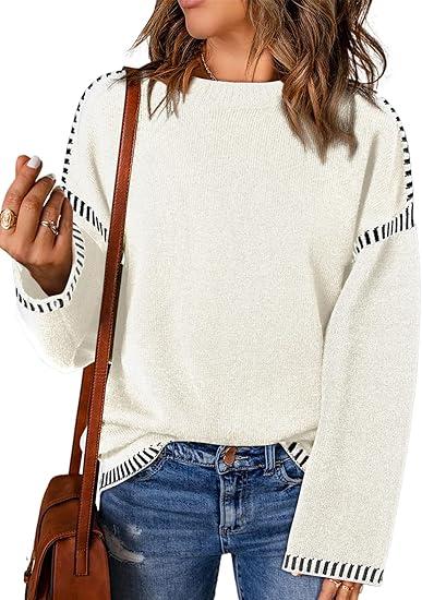 Dokotoo Sweaters for Women Fashion Solid Crewneck Loose Fit Long Sleeve Contrast Cable Knit Pullover Sweater Jumper Tops L