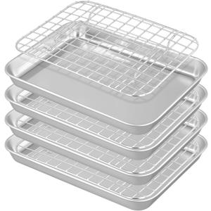 Set of 4 Baking Sheets with Cooling Rack, Stainless Steel Oven Tray and Grid Rack for Baking Roasting, 9.4 x 7 x 1 inch