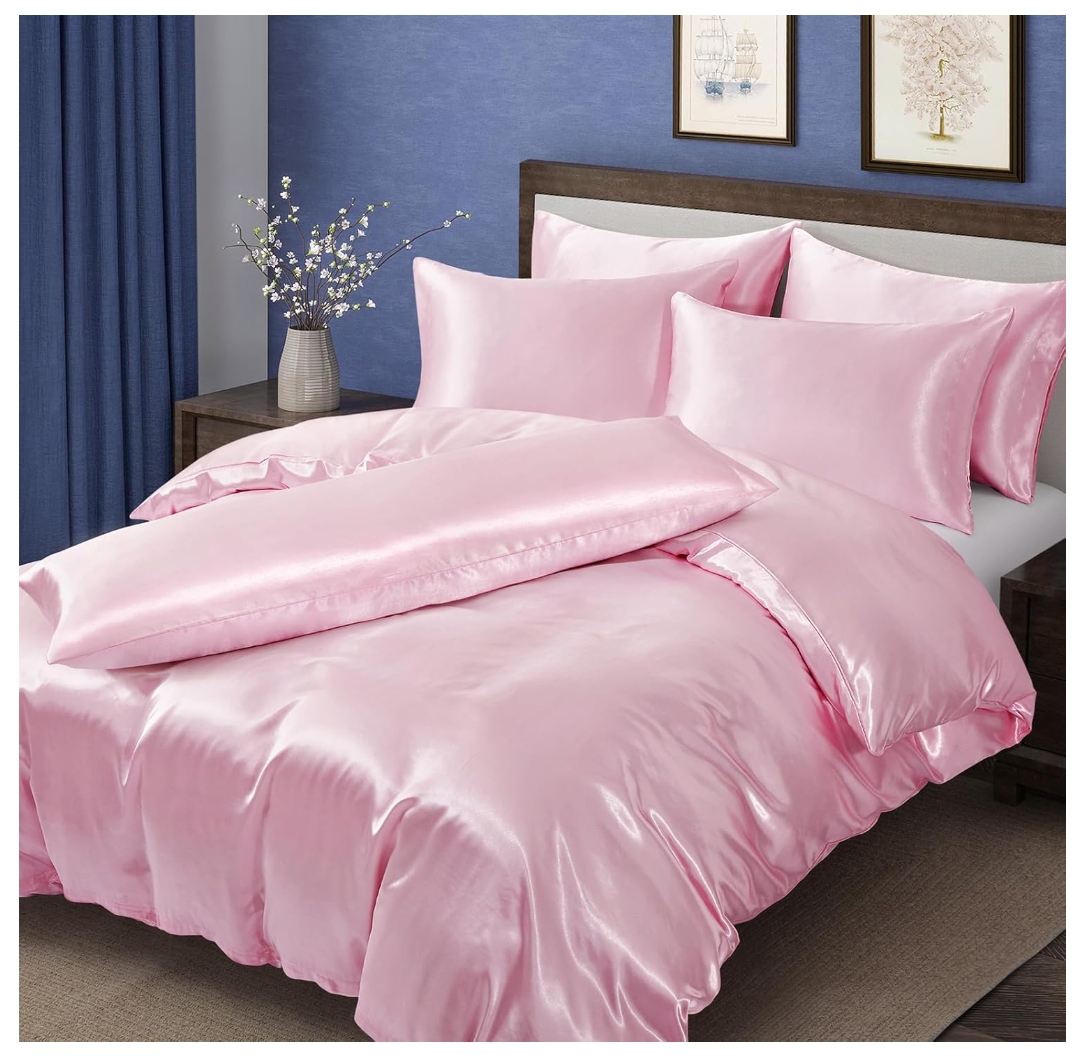 MILVOWOC 6 Pcs Blush Pink Satin Duvet Cover Full/Queen Size Set, Silky Bed Duvet Cover Ultra Soft Comforter Cover, 1 Satin Duvet Cover, 1 Body Pillowcase, 4 Pillow Cases (No Comforter)