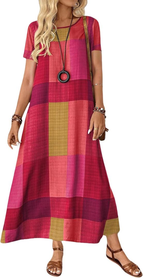 Women's Vintage Geometric Print Maxi Dress Color Block Plaid Design Crew Neck Short Sleeve Loose Fit Long Dresses