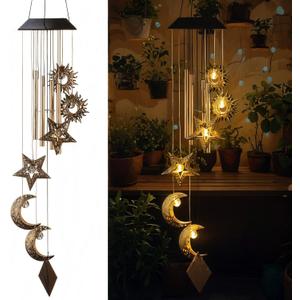 Solar Wind Chimes for Outside Waterproof Hanging Wind Chimes Lights Outdoor Decor Yard Garden Gifts for Mother Mom Grandma Wife Neighbors(Sun Moon Star,Warm Colored Lights)