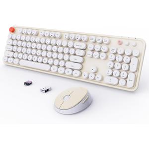 Wireless Keyboard and Mouse Combo, Ergonomic Full Size Typewriter Retro Round Keycaps Keyboard, Compatible with Windows, PC, Perfer for Home and Office Keyboards (Beige (Creamy white)