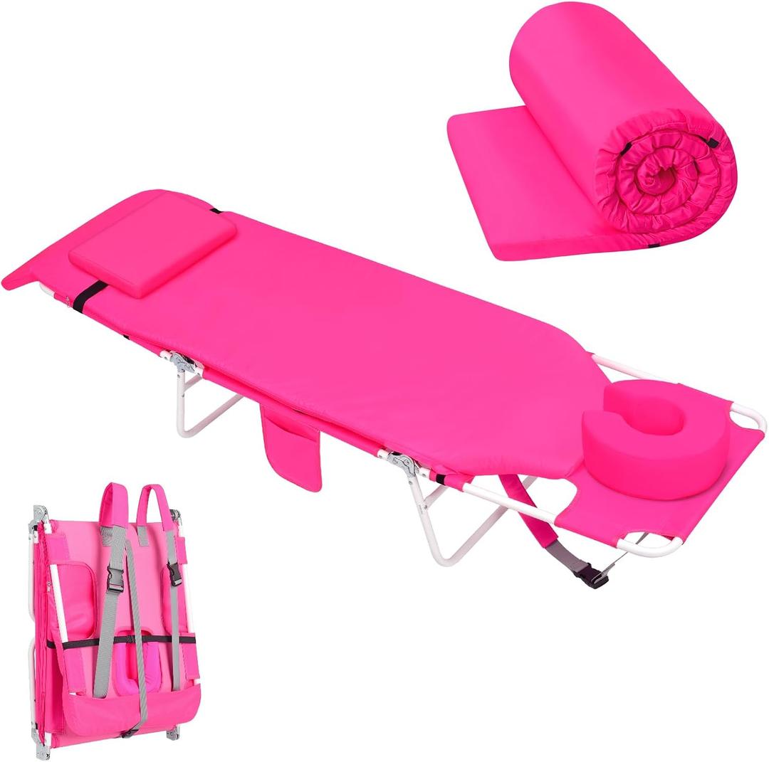 3 in 1 Women Comfort Backpack Beach Tanning Lounge Chair with Cushion Face Hole Softer Padded Adjustable Washable, Layout Sun Chair for Adults Outside Reading Sunbathing Poolside, 6 Position, Pink, 71.2 inches x 21.3 inches x 14.1 inches