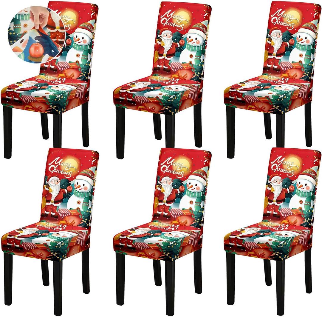 Fafua Christmas Chair Covers, Stretch Dining Room Chair Covers Set of 6, Christmas Decoration/Home Decor Chair Protector Slipcovers (Red Snowman+santa Claus)