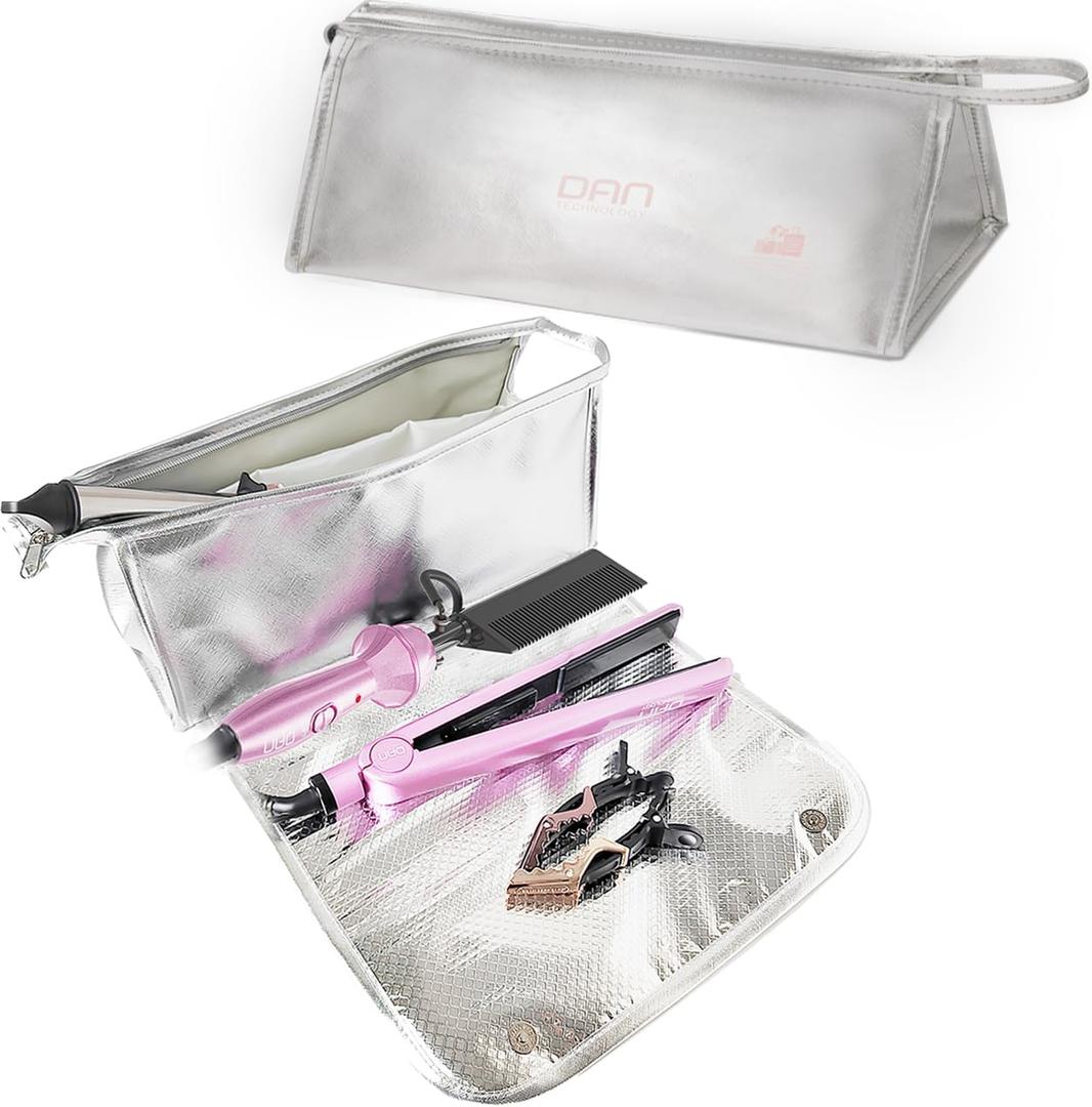 DAN Technology Hair Tools Travel Bag, 12.5 x 5.5 x 5.5 inches, Silver - Heat Resistant Mat, Protective Pad, Hanging Rope, Portable Design, Ideal for Hair Dryer, Curling Iron, Flat Iron, Straighteners