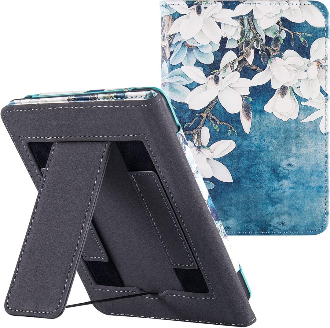 BOZHUORUI Stand Case for 6.8" Kindle Paperwhite (11th Generation - 2021) and Kindle Paperwhite Signature Edition - PU Leather Sleeve Cover with Two Hand Straps and Auto Sleep/Wake, Magnolia