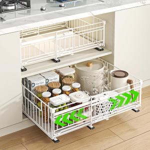 REALINN 2 Pack Pull Out Cabinet Organizer, Expandable(12"-20") Slide Out Drawers 3 Slide Rails Fix with Adhesive or Screw, Roll Out Shelves for Kitchen Cabinet Organization, White, 6.75in height