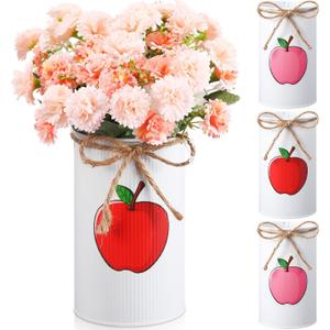 Domensi 4 Pcs Fall Apple Decorations Apple Vases Autumn Thanksgiving Table Centerpieces Galvanized Metal Vase for Flower Mason Jar Utensil Holder for Home Office Party Decor Teacher Appreciation Gift