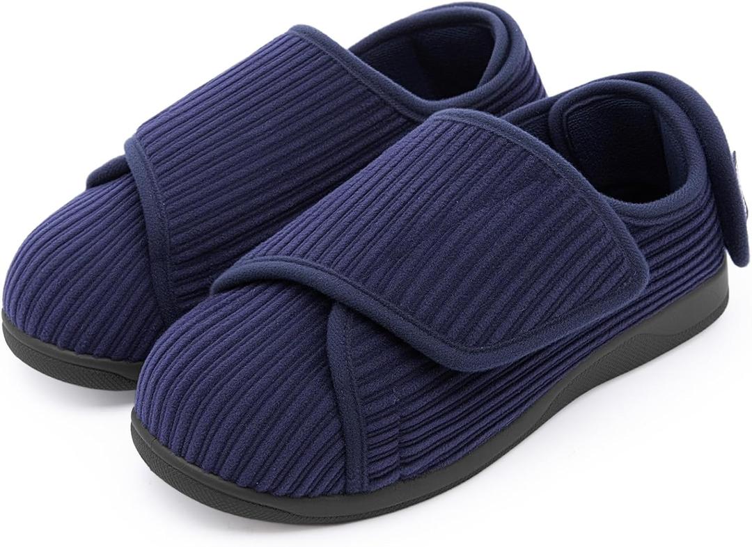 HomeTop Women's Corduroy Slippers Comfy Adjustable Hook and Loop Memory Foam Indoor Closed-back House Shoes (8, Dark Galaxy Blue)