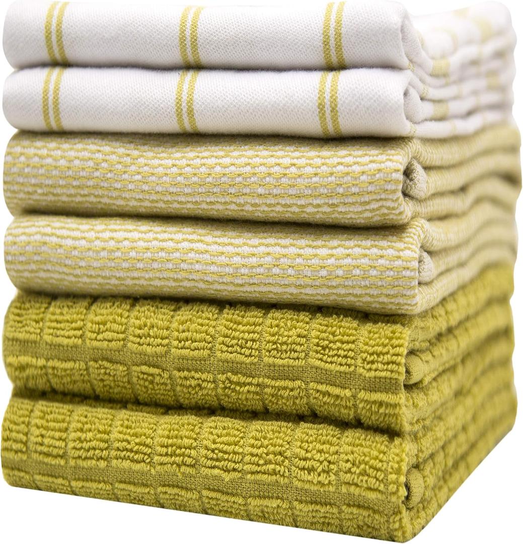 Premium Kitchen Towels (20x 28, 6 Pack)  Large Cotton Kitchen Hand Towels  Flat & Terry Towel  Highly Absorbent Tea Towels Set with Hanging Loop (Lime Green Check)