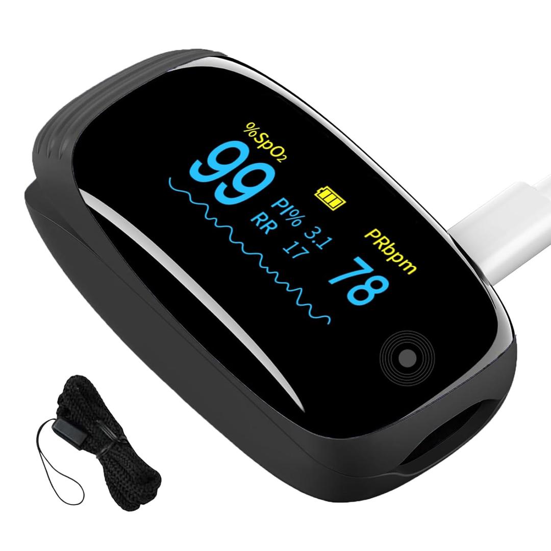 Fingertip Pulse Oximeter with Respiration Rate & Respiratory Monitoring SpO2, Heart Rate, PI & RR Measurements, Blood oximeter Rechargeable 6 Display Modes & 4-Way Rotatable Screen for Home & Sports UseBlack