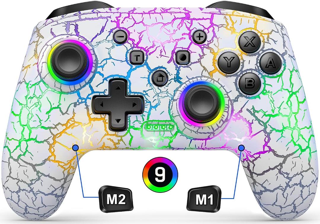 Gammeefy Switch Controller, Wireless Switch Pro Controller for Nintendo Switch/Lite/OLED, 9 Color Adjustable LED Switch Remote Compatible with PC/Android/IOS with Programmable Function (White)