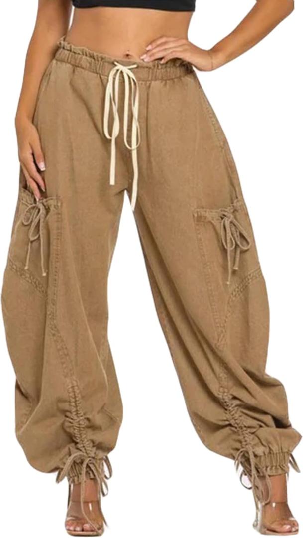 Famnbro Womens Barrel Jeans Baggy Cargo Jogger Y2k Drawstring Bow Jeans Sweatpants Wide Leg Denim Pants (Small, Khaki)