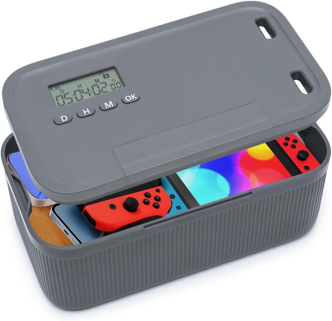 Timed Lock Box for Phone & Snacks | 2-in-1 Smart Lock with Digital Timer & Quick Access | BPA-Free Refrigerator Safe Container for Medicine,Electronics (5.5x5.5x6.3in) Gray