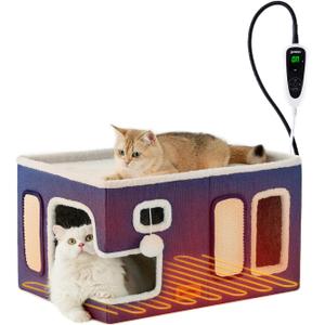Heated Cat House for Indoor Cats - Large Cat Warming Bed for Winter with Fluffy Ball Hanging and Adjustable Heating Pad, Foldable Cat Hideaway,23x16.5x13 inches, Navy Blue