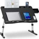 Laptop Bed Desk, X-Large Leather Adjustable Computer Bed Table Tray, Foldable Laptop Lap Desk for Bed Sofa Couch Floor Writing Eating Working with Drawer 2 Movable Stoppers (23.6 inch, Black)